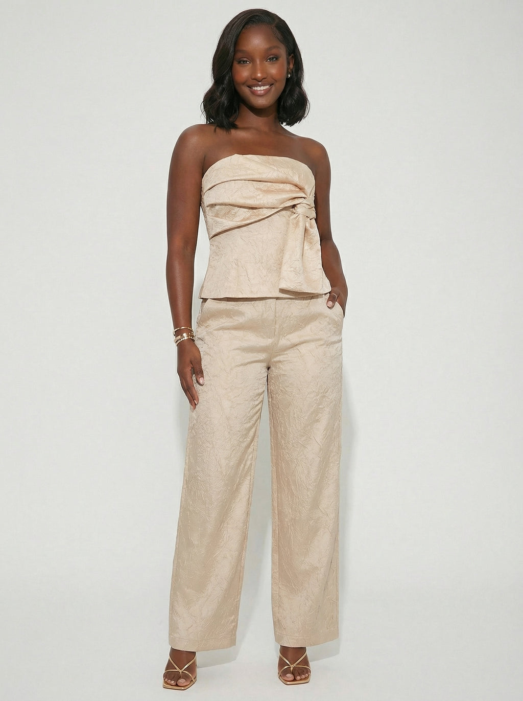 Liquid Gold Satin Pleated Two-Piece Set