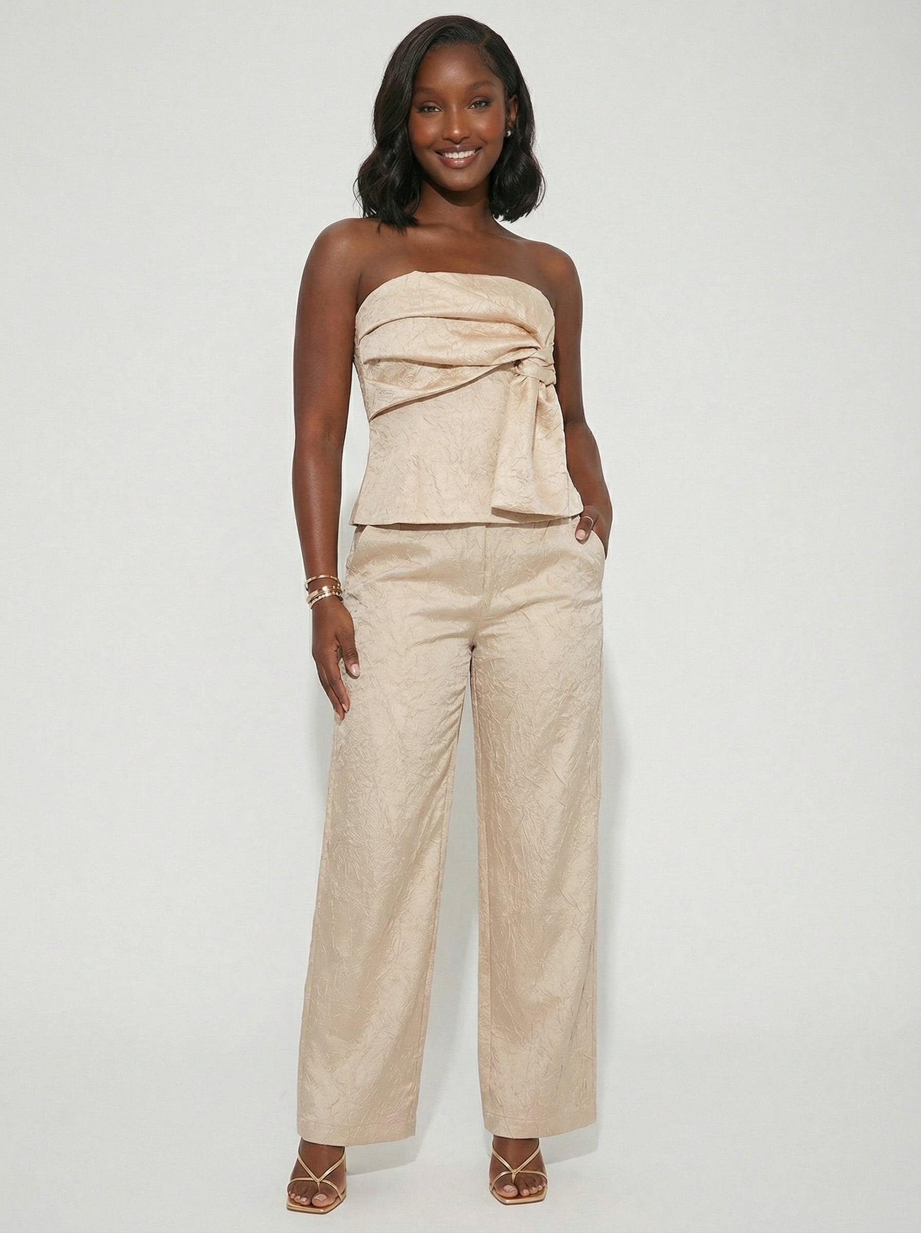Liquid Gold Satin Pleated Two-Piece Set