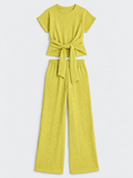 Flat lay of Textured Tee and Wide Leg Pant Set - Chartreuse on a light grey background