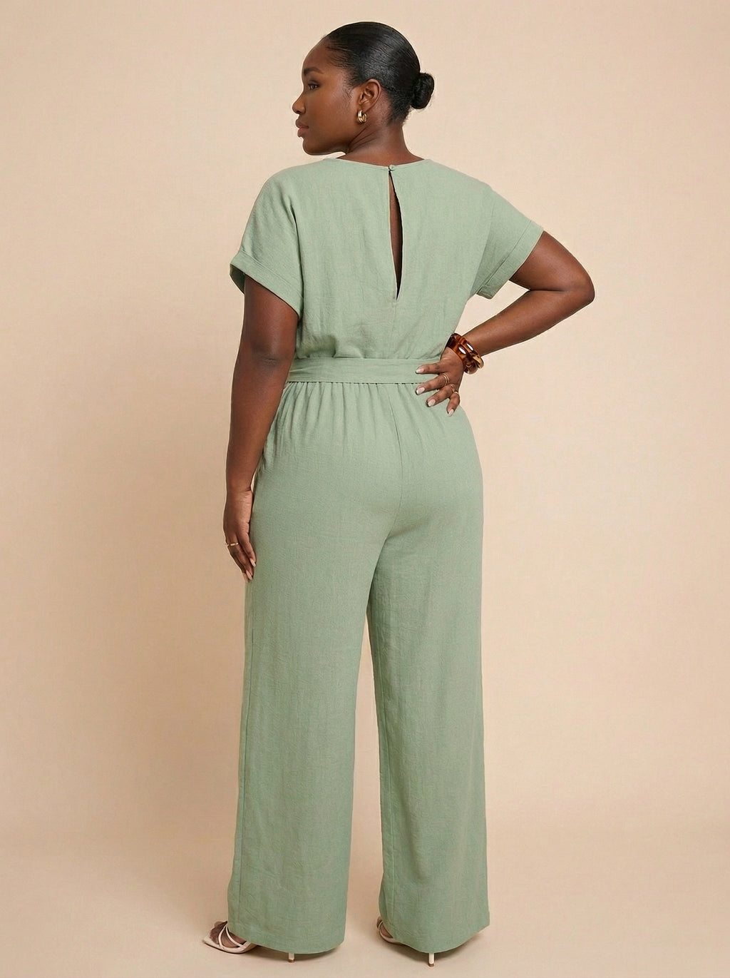 SHEIN Clasi No Fuss Linen Tie Waist Pleated Jumpsuit