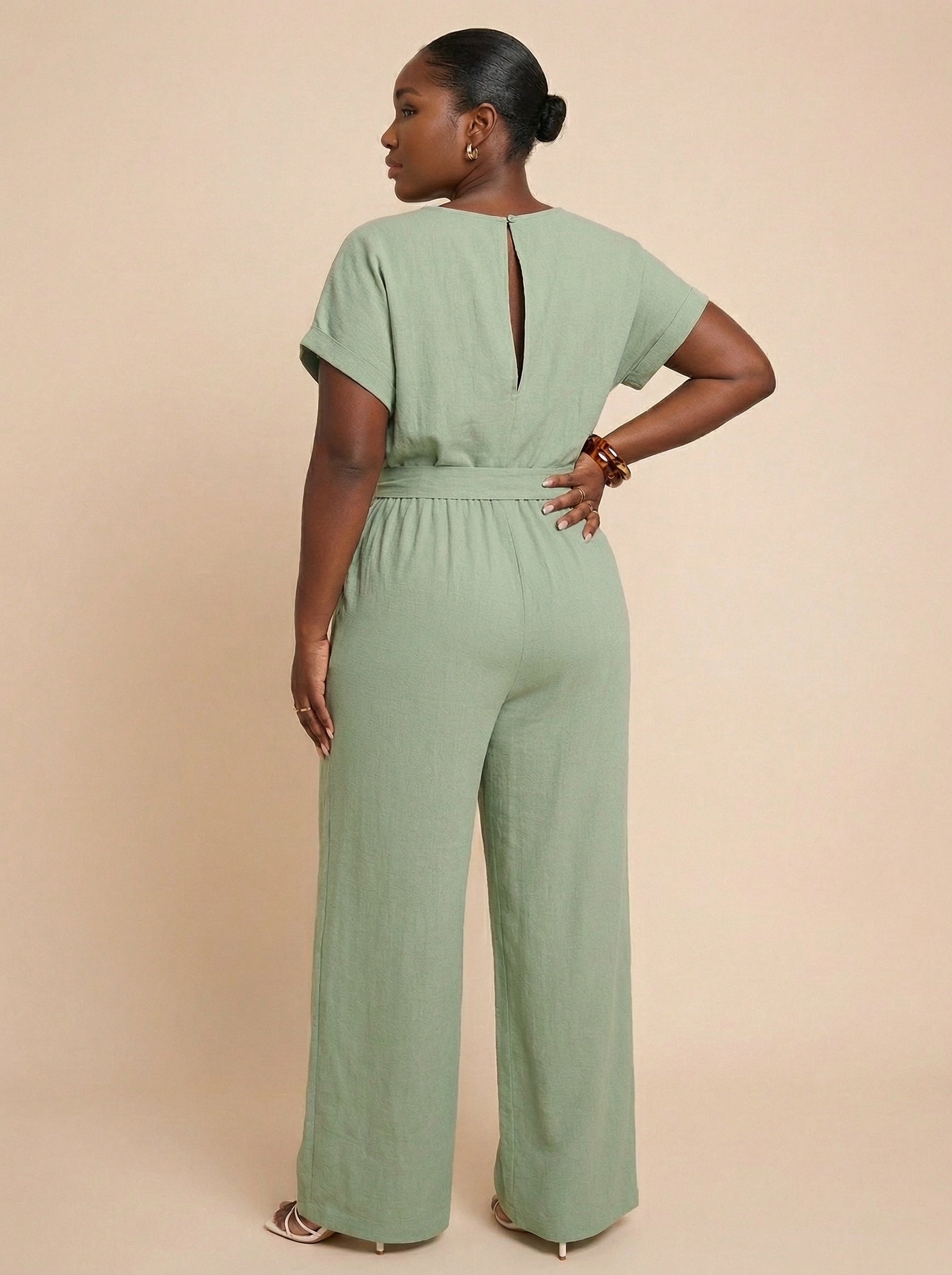 SHEIN Clasi No Fuss Linen Tie Waist Pleated Jumpsuit