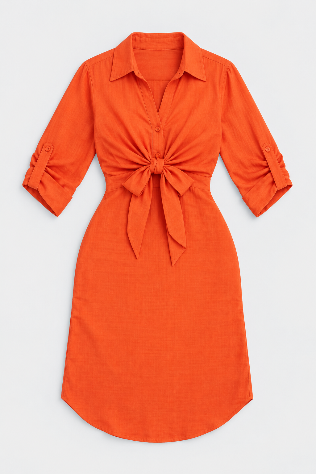 Flat lay of Tie Front Shirt Midi Dress - Orange on a light grey background