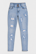 Flat lay of Triple Button Lifting Skinny Jeans - Light Blue Wash on a light grey background