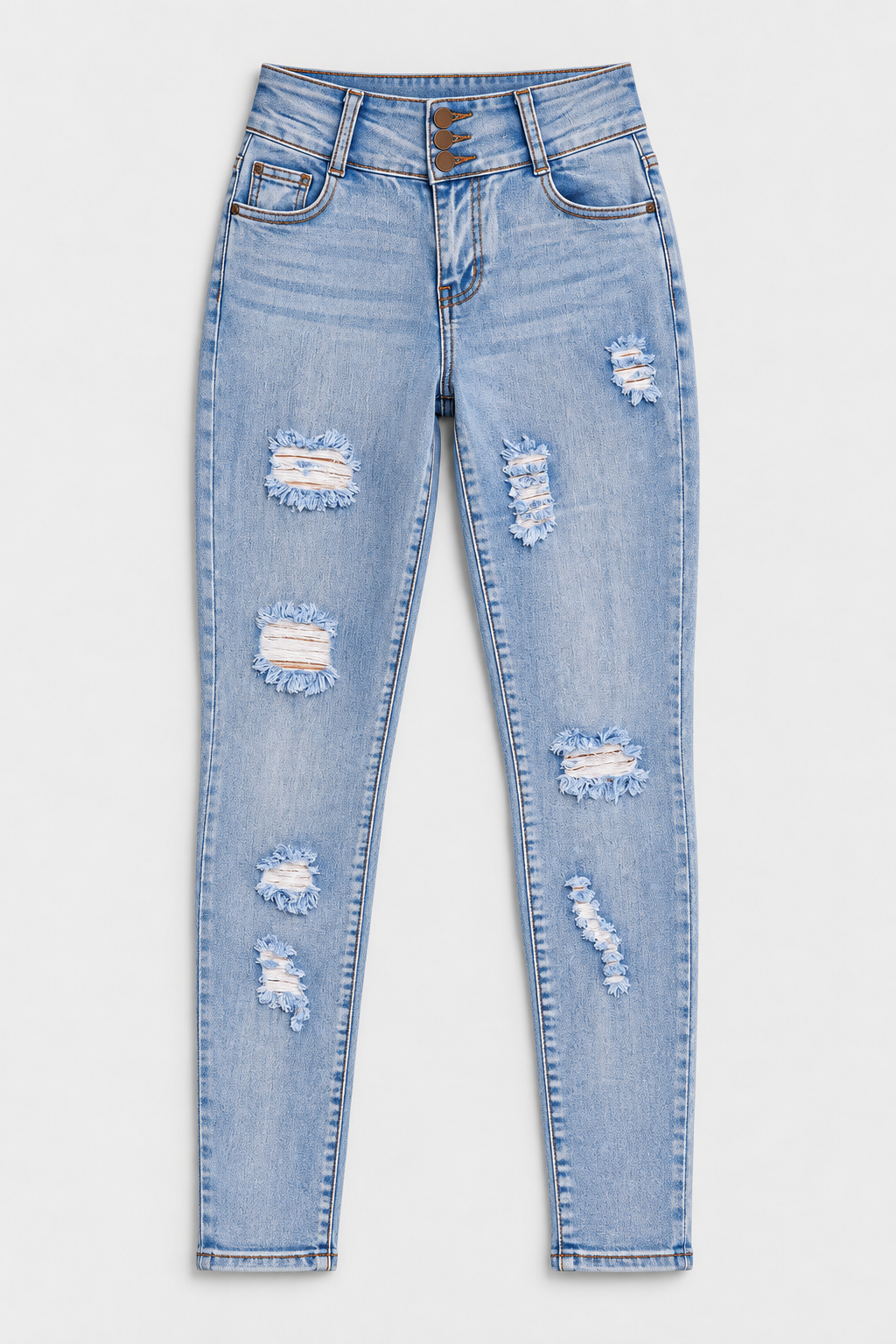 Flat lay of Triple Button Lifting Skinny Jeans - Light Blue Wash on a light grey background