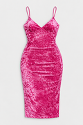 Flat lay of V Neck Strappy Velvet Midi Dress - Pink on a light grey background