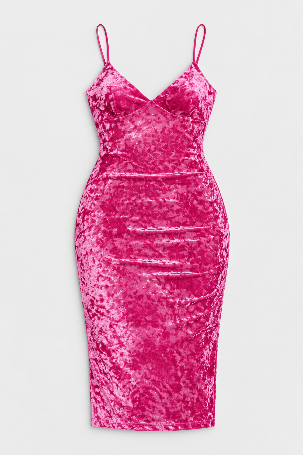 Flat lay of V Neck Strappy Velvet Midi Dress - Pink on a light grey background