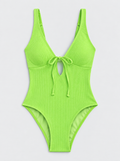 Flat lay of Waffle Texture Tie Front Cutout Swimsuit - Green on a light grey background