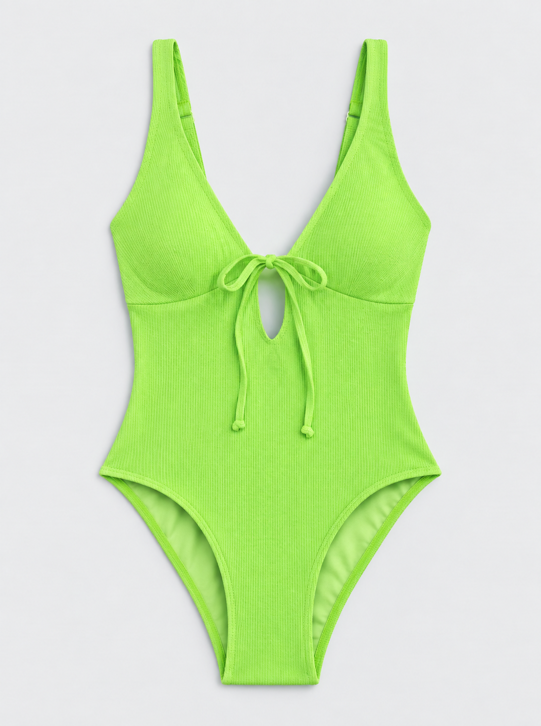 Flat lay of Waffle Texture Tie Front Cutout Swimsuit - Green on a light grey background