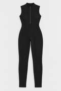 Flat lay of Zip Front Mock Neck Seamless Jumpsuit - Black on a light grey background
