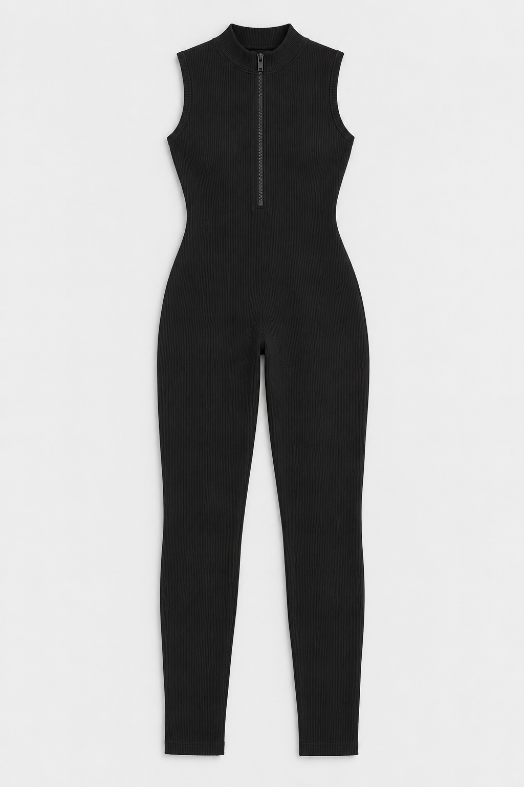 Flat lay of Zip Front Mock Neck Seamless Jumpsuit - Black on a light grey background