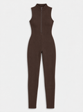 Flat lay of Zip Front Mock Neck Seamless Jumpsuit - Brown on a light grey background