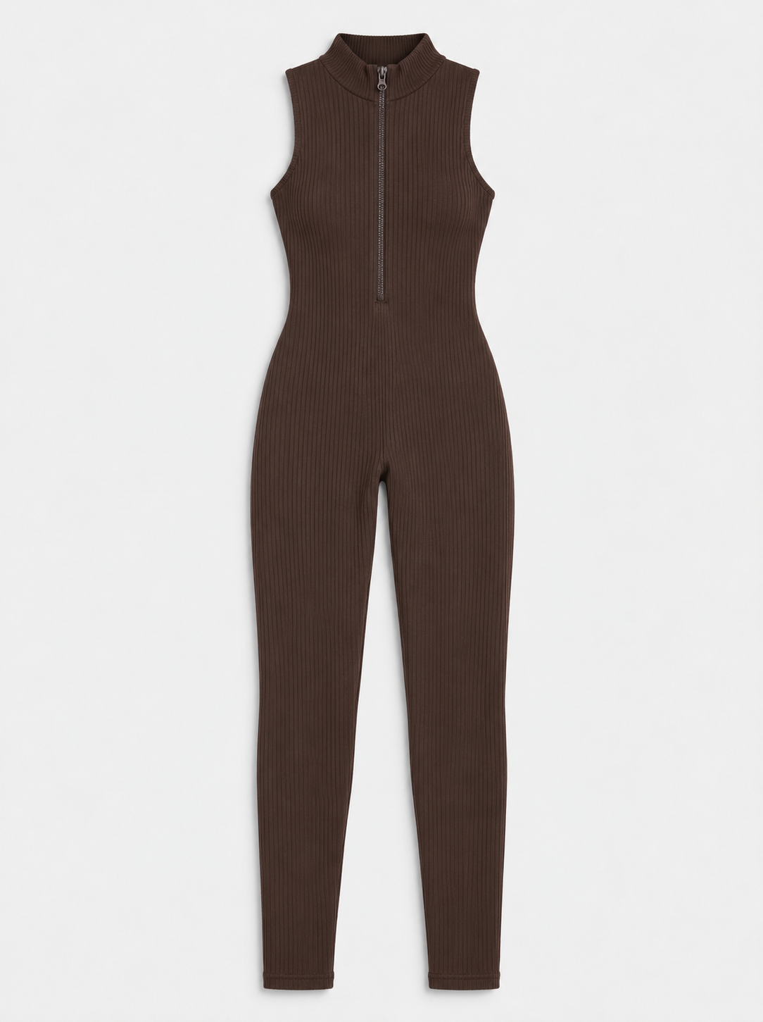 Flat lay of Zip Front Mock Neck Seamless Jumpsuit - Brown on a light grey background