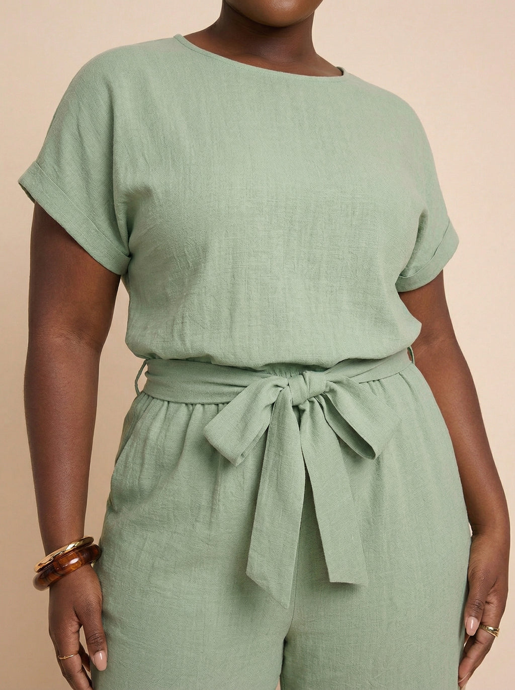 SHEIN Clasi No Fuss Linen Tie Waist Pleated Jumpsuit